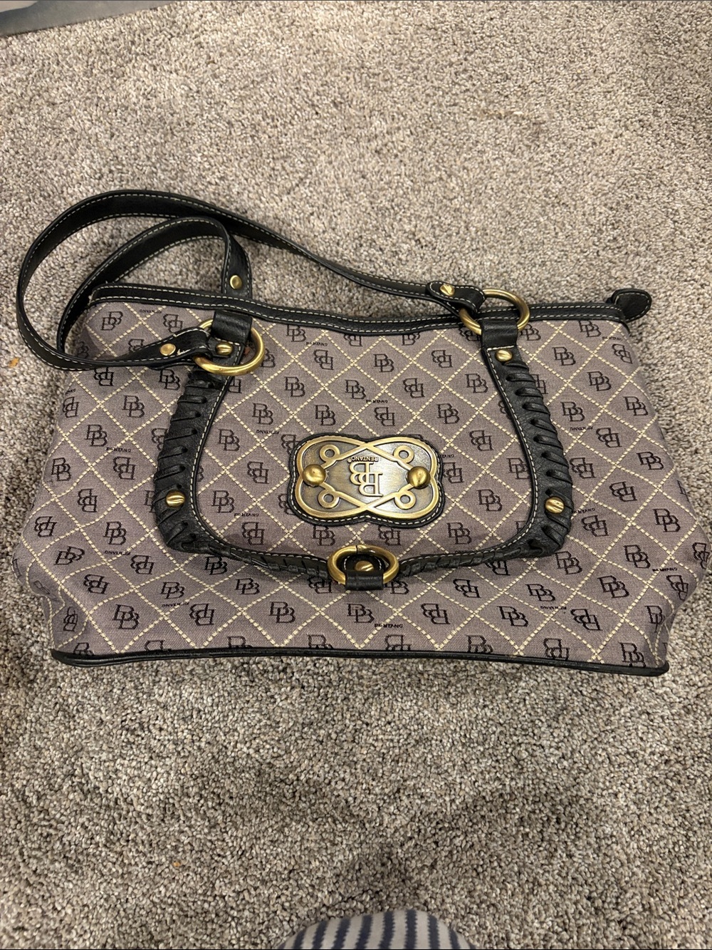 DB Logo Taupe and Black Shoulder Bag with Brass Accents